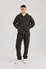 Embroidered Knitted Zip Hoodie - Chocolate