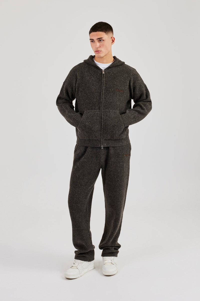 Embroidered Knitted Zip Hoodie - Chocolate