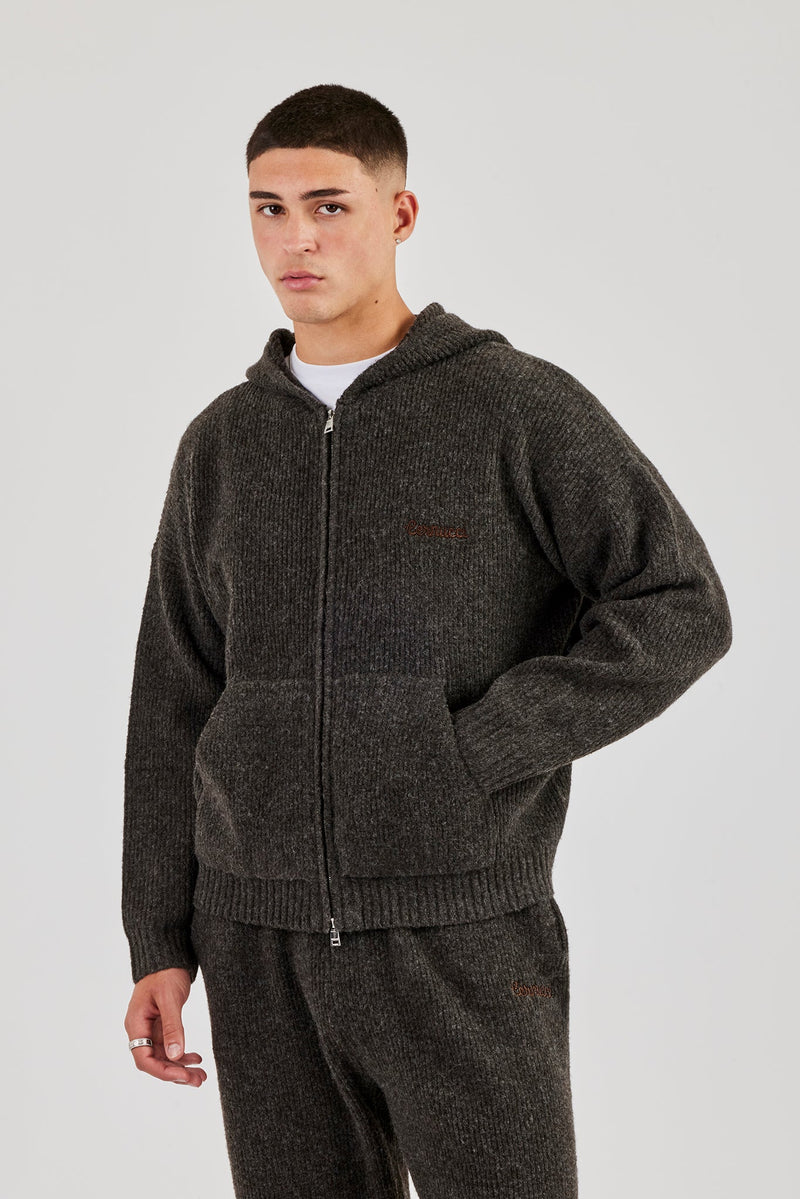 Embroidered Knitted Zip Hoodie - Chocolate