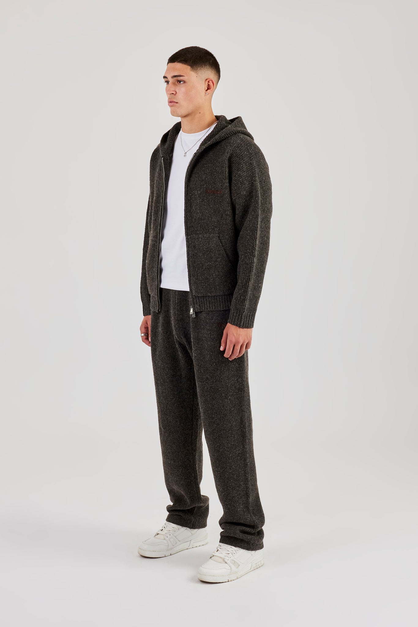 Embroidered Knitted Zip Hoodie & Jogger - Chocolate