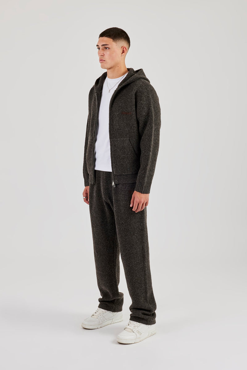 Embroidered Knitted Zip Hoodie & Jogger - Chocolate