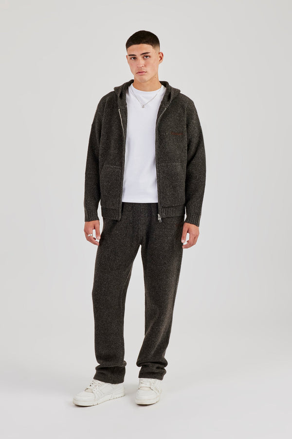 Embroidered Knitted Zip Hoodie & Jogger - Chocolate