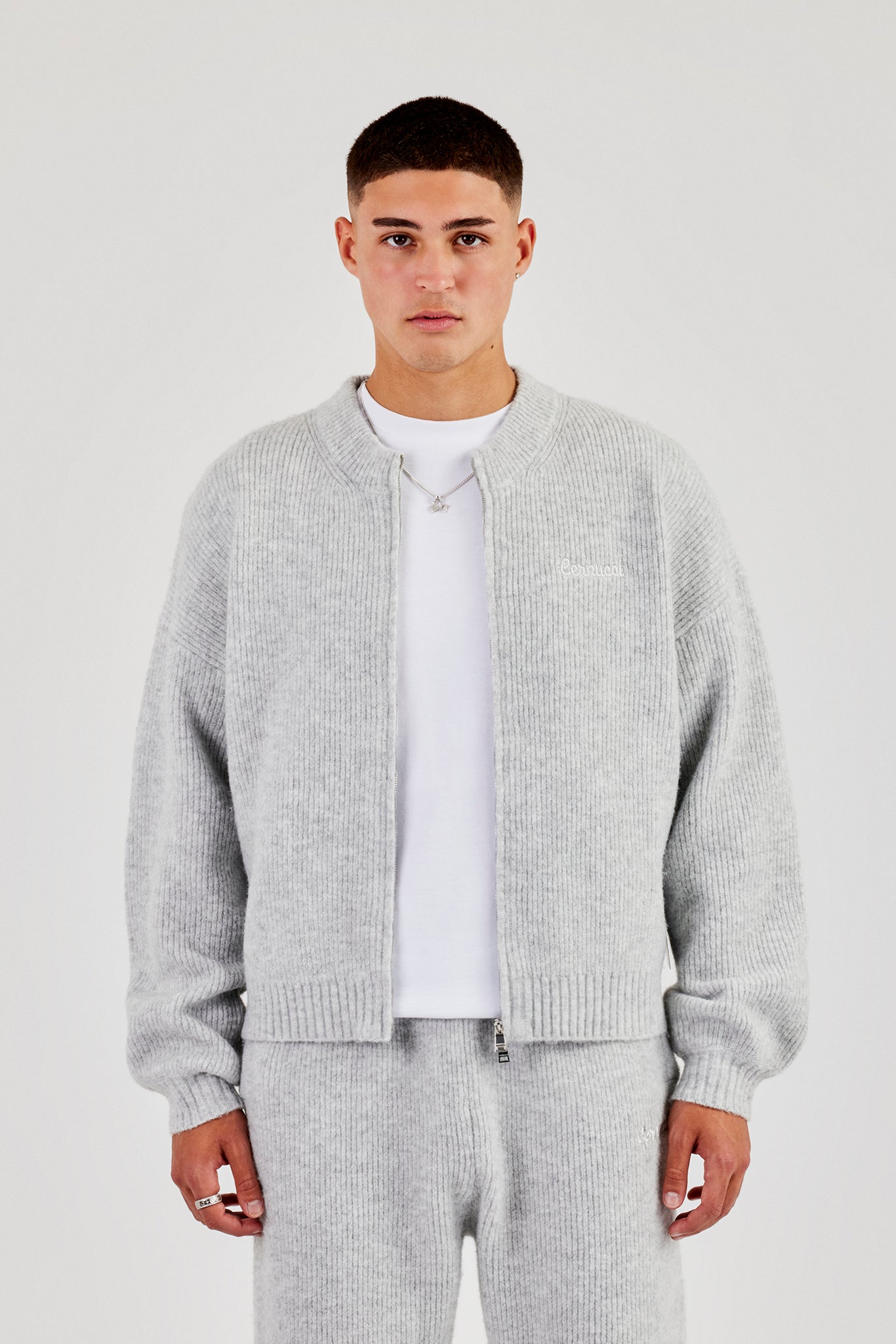Embroidered Knitted Bomber - Light Grey