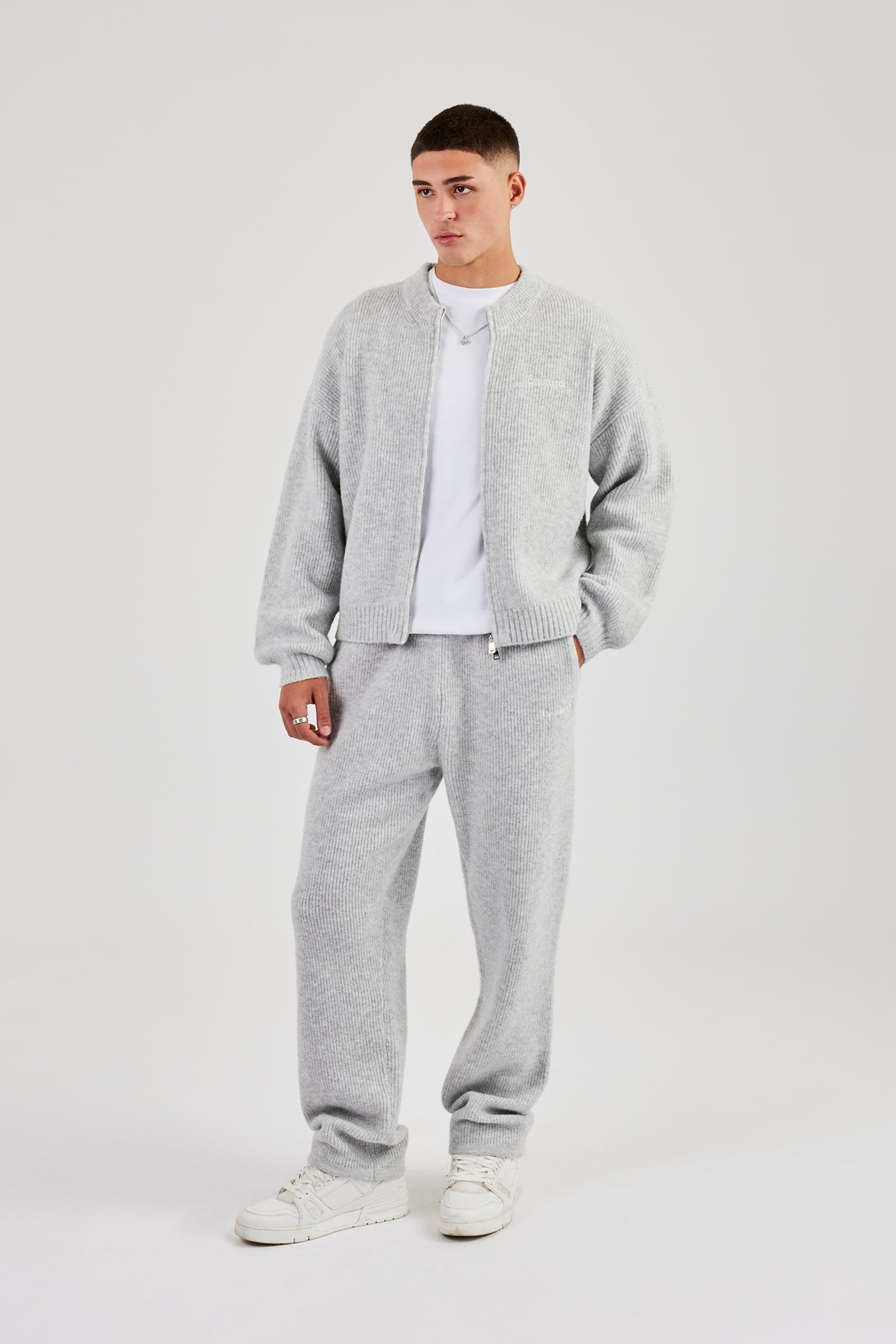 Embroidered Knitted Jogger - Light Grey