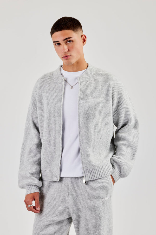 Embroidered Knitted Bomber - Light Grey
