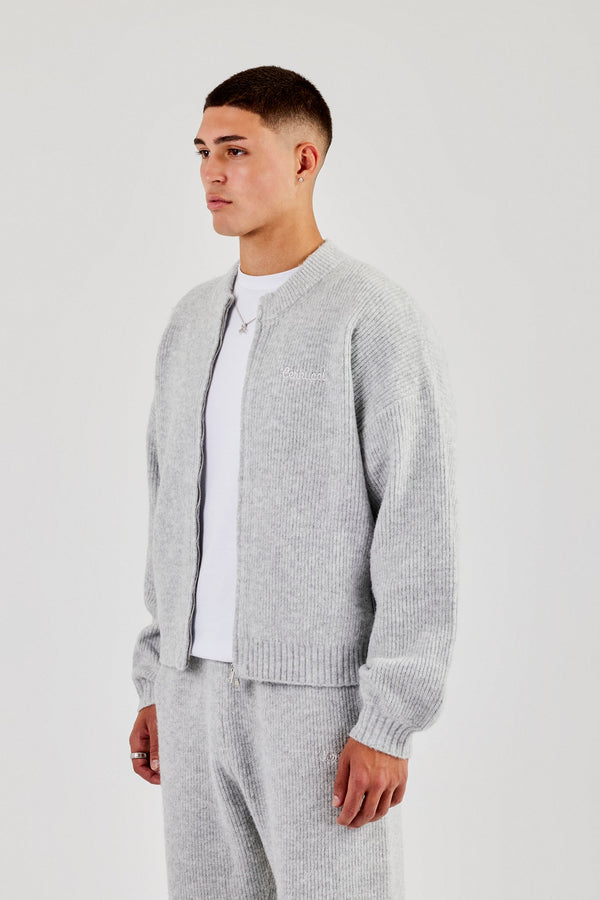 Embroidered Knitted Bomber - Light Grey