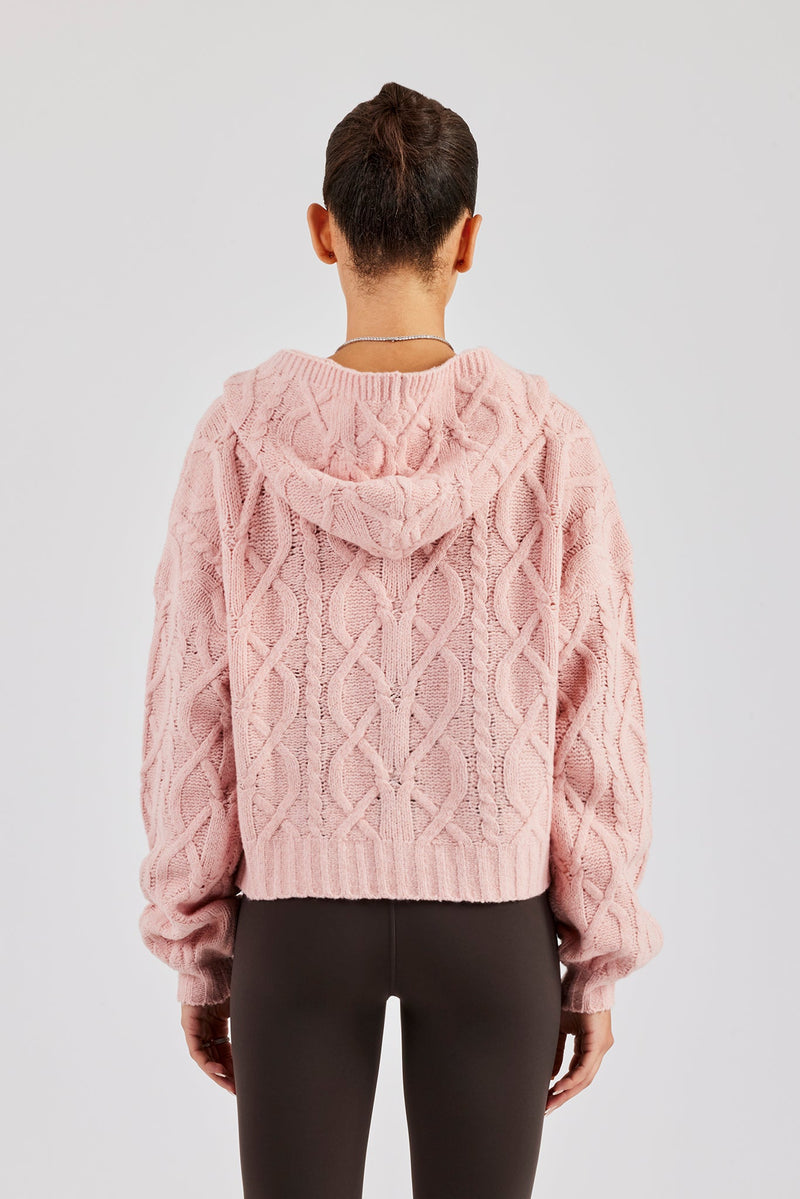 Cable Knit Zip Through Knit Hoodie - Baby Pink