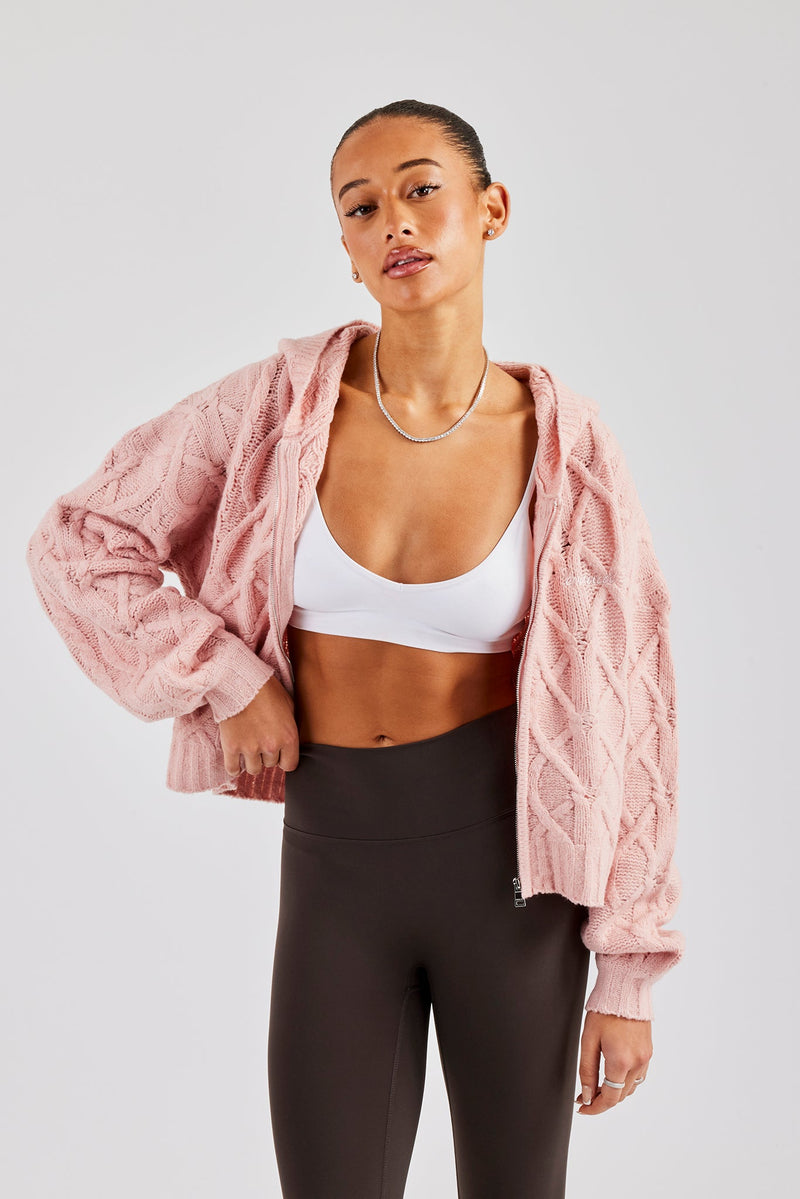 Cable Knit Zip Through Knit Hoodie - Baby Pink