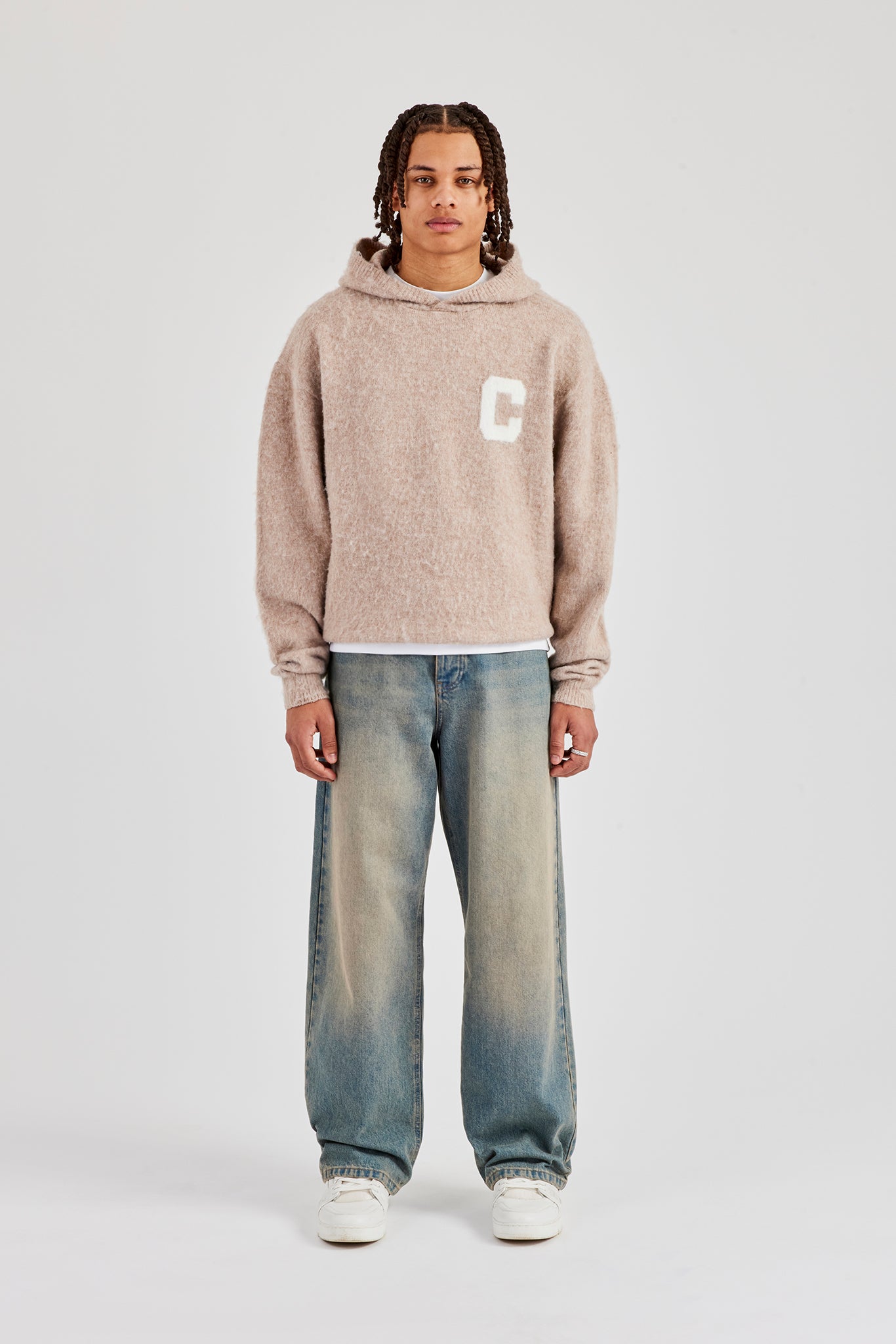 Brushed Knit Oversized Knitted Hoodie - Stone