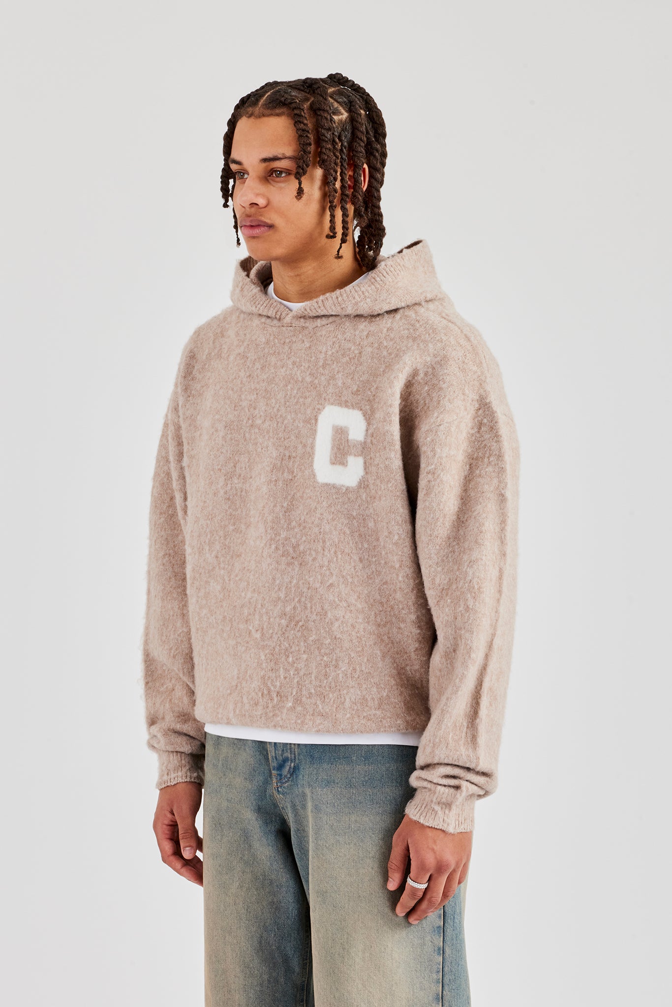 Brushed Knit Oversized Knitted Hoodie - Stone