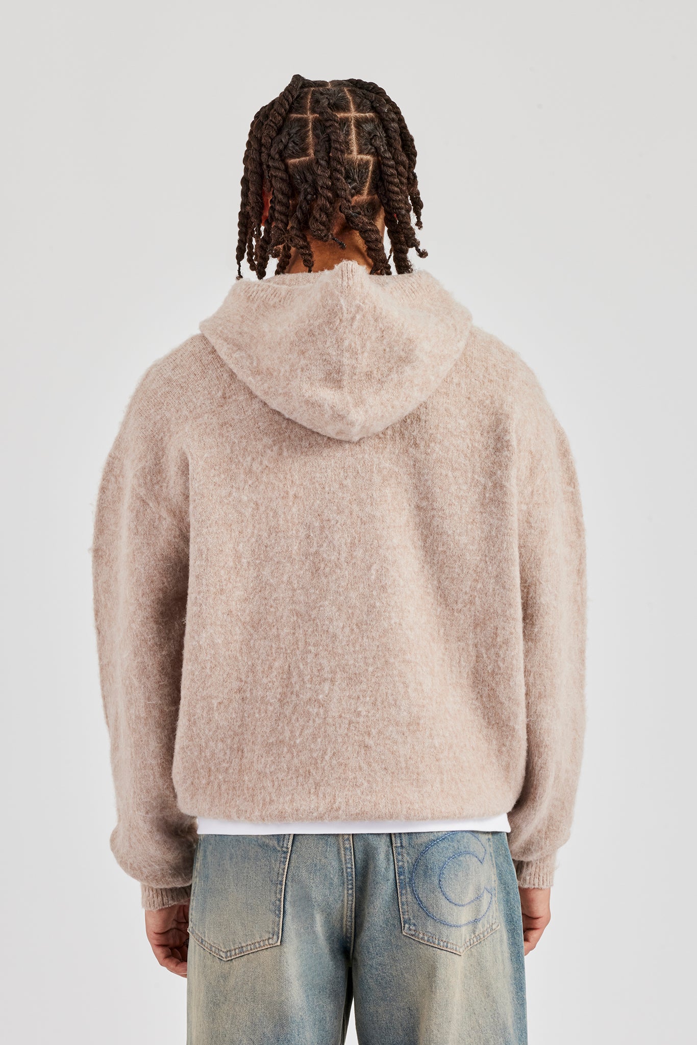 Brushed Knit Oversized Knitted Hoodie - Stone | Mens Knitwear