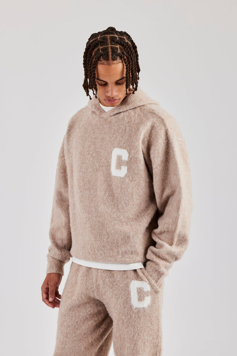 Brushed Knit Oversized Knitted Hoodie - Stone