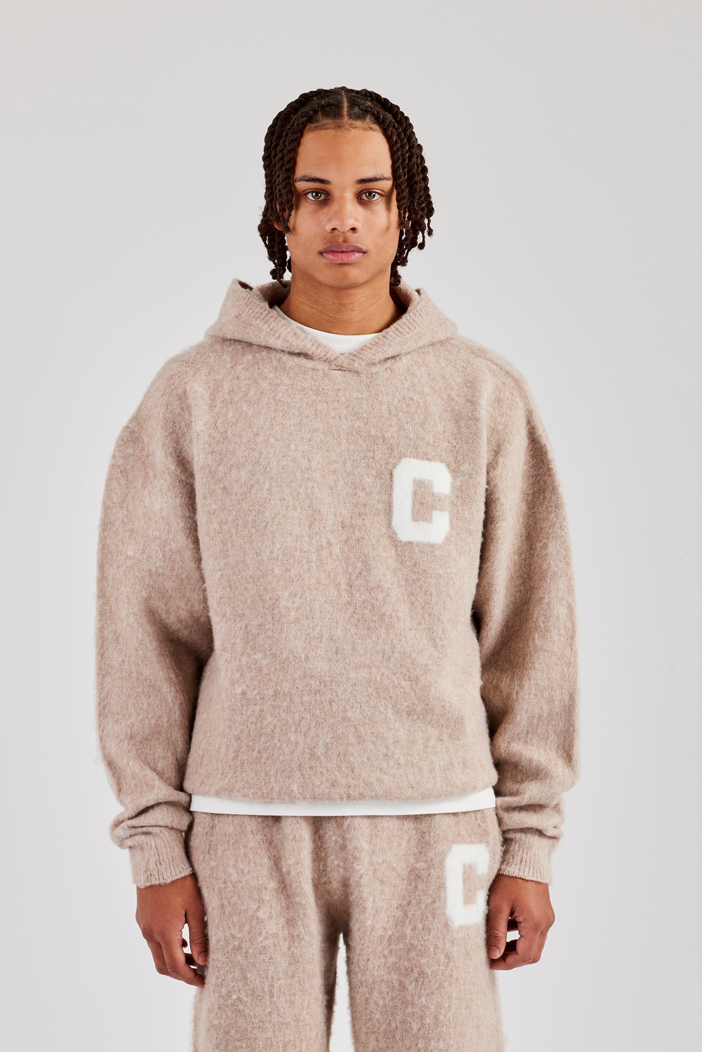 Brushed Knit Oversized Knitted Hoodie Stone Mens Knitwear Shop Knitwear Hoodies at CERNUCCI.COM Cernucci US