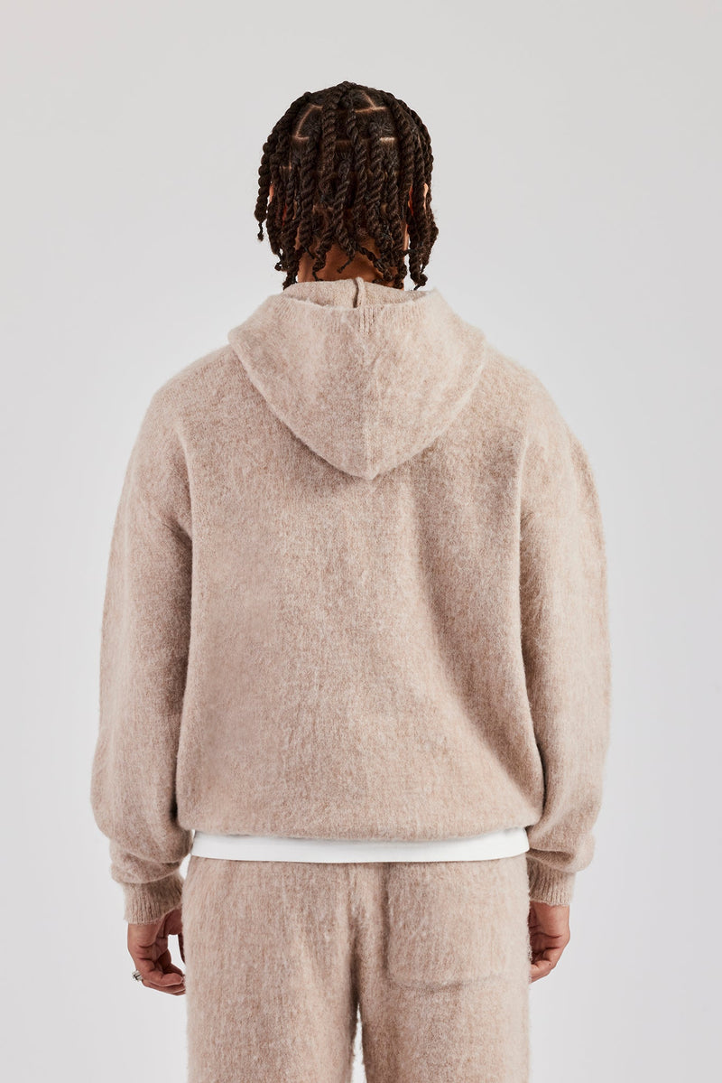 Brushed Knit Oversized Knitted Hoodie - Stone