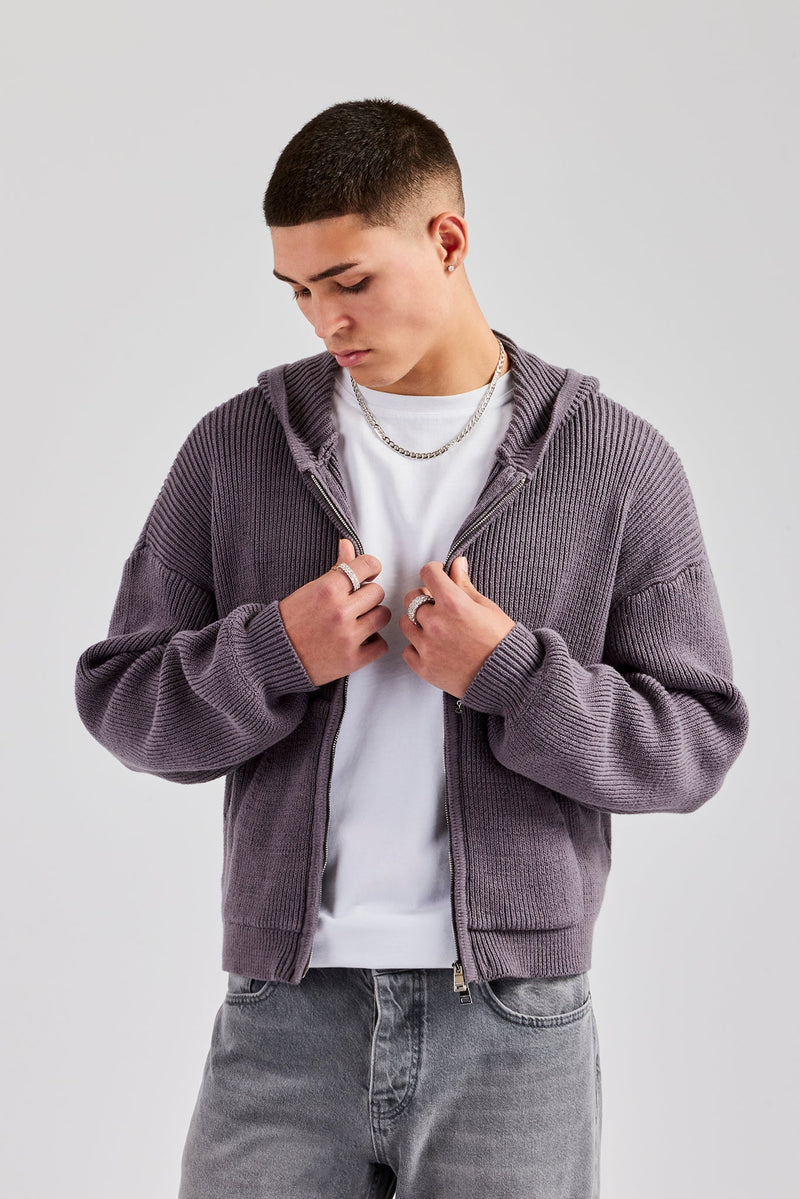 Dual Ended Knitted Zip Hoodie Charcoal Mens Knitwear Shop