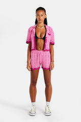 Contrast Crochet Knitted Shirt & Short Set - Pink