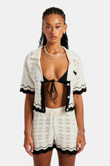 Contrast Crochet Knitted Shirt  & Short Set - Off White