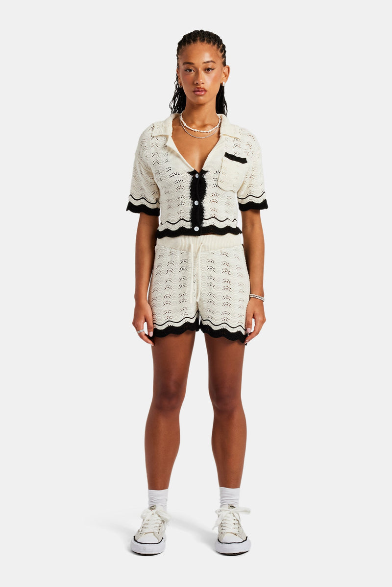 Contrast Crochet Knitted Shirt  & Short Set - Off White