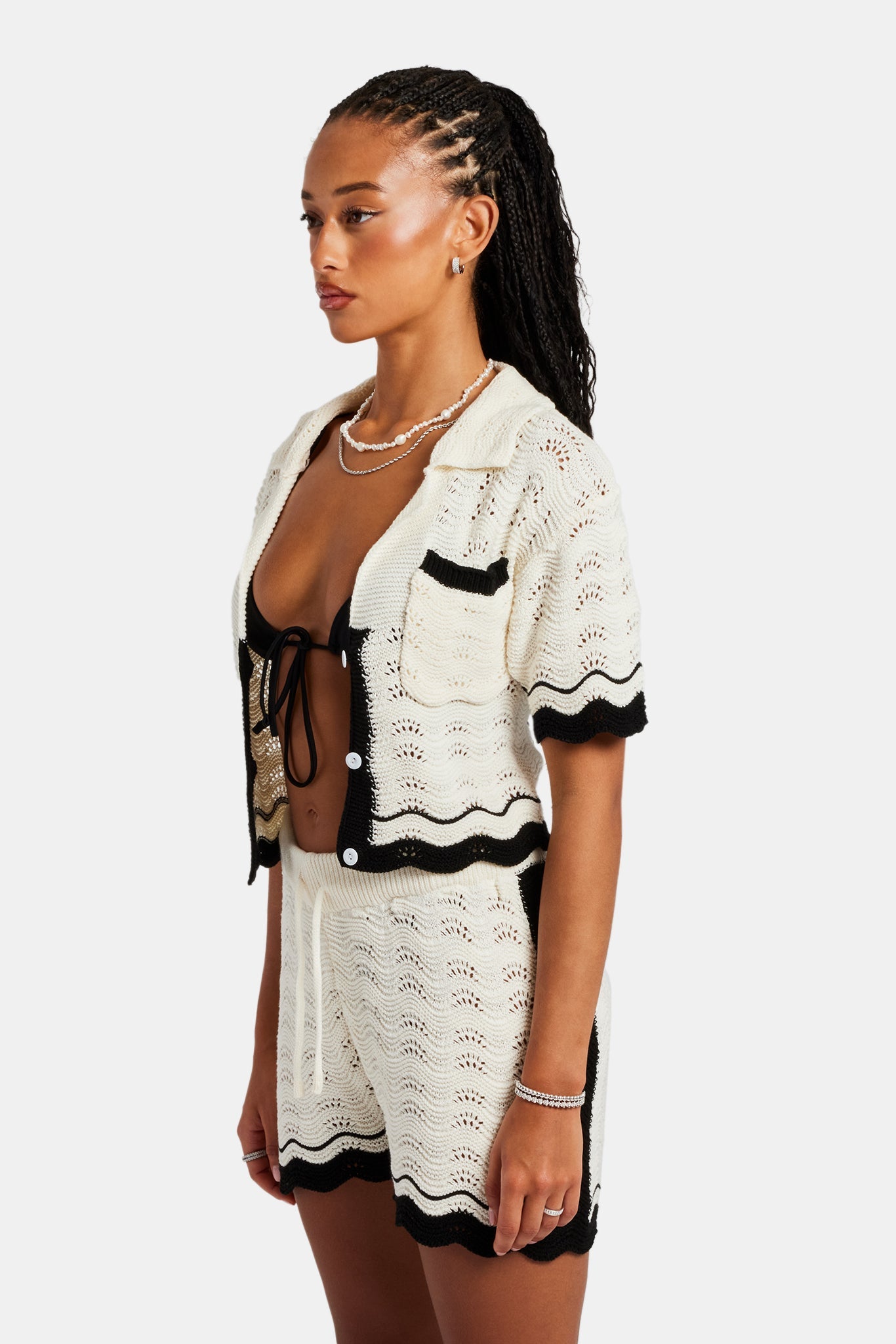 Contrast Crochet Knitted Shirt - Off White