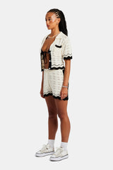 Contrast Crochet Knitted Shirt  & Short Set - Off White