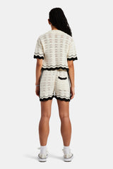 Contrast Crochet Knitted Shirt  & Short Set - Off White