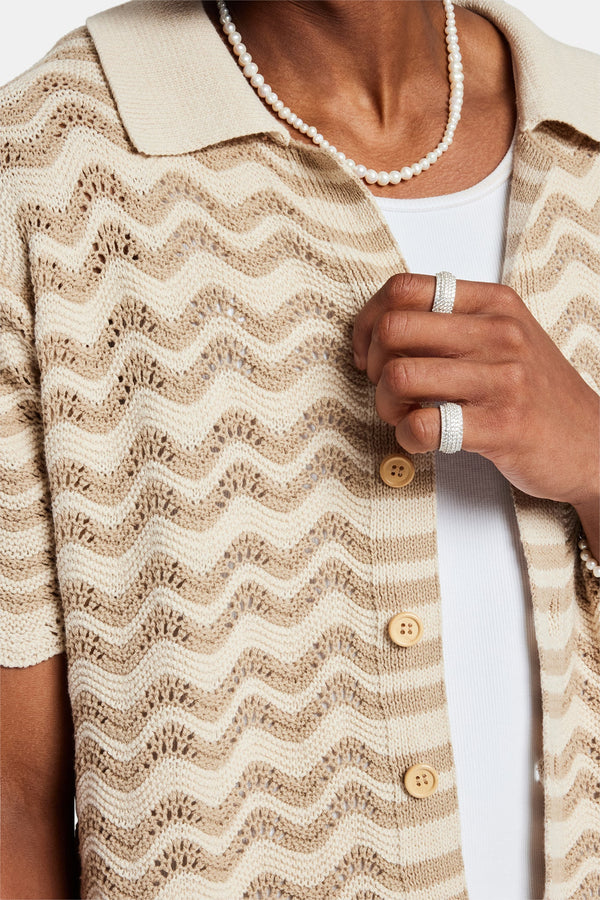 Crochet Knitted Embroidered Shirt - Beige