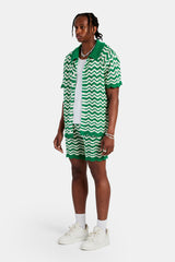 Crochet Knitted Embroidered Shirt & Short Set - Green