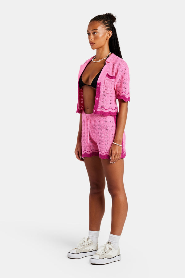 Contrast Crochet Knitted Shirt & Short Set - Pink