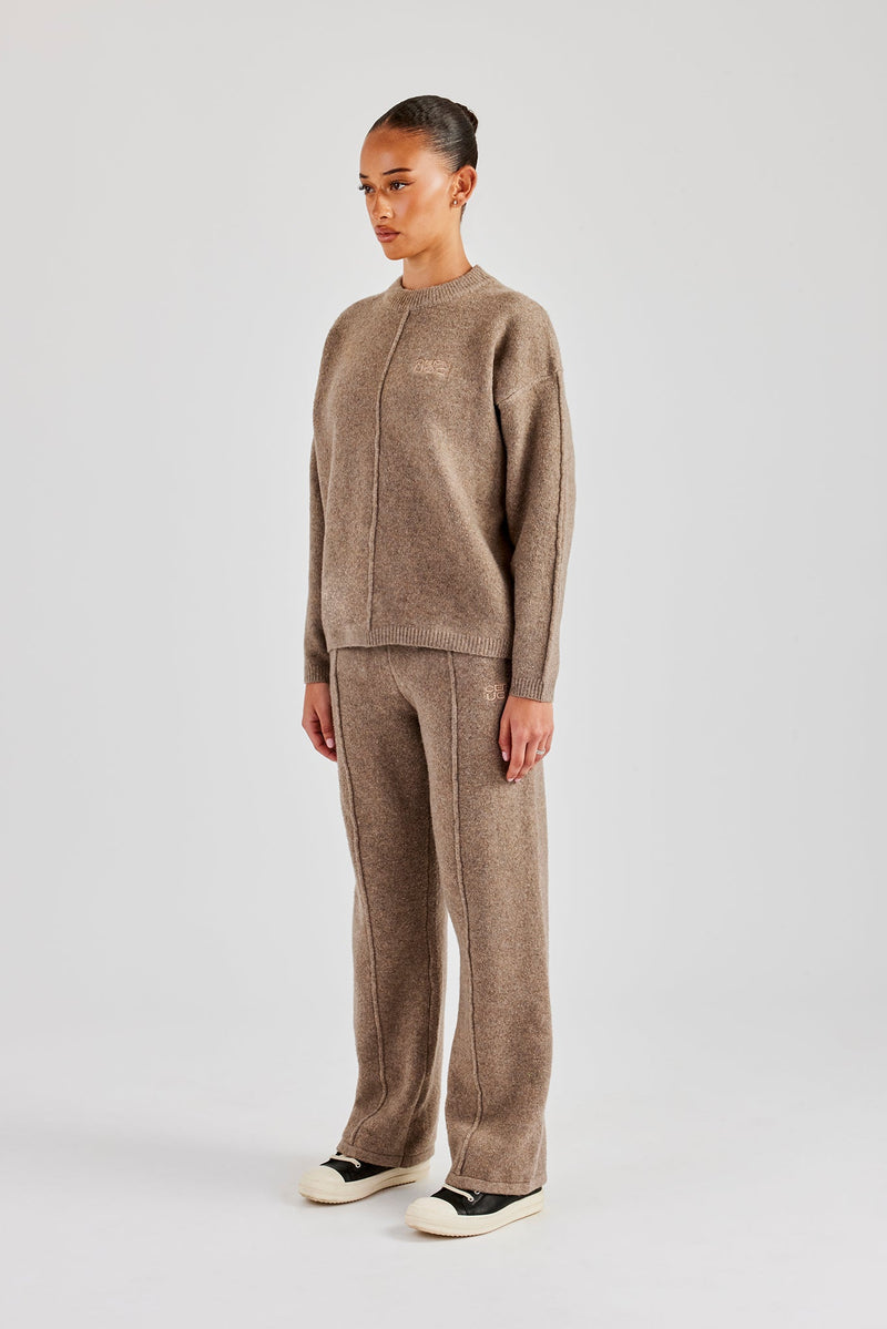 Seam Detail Knitted Sweatshirt & Wide Leg Jogger - Brown