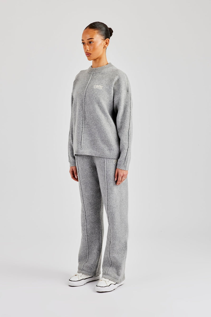 Seam Detail Knitted Sweatshirt & Wide Leg Jogger - Grey