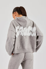Fluffy Intarsia Boxy Hoodie - Grey