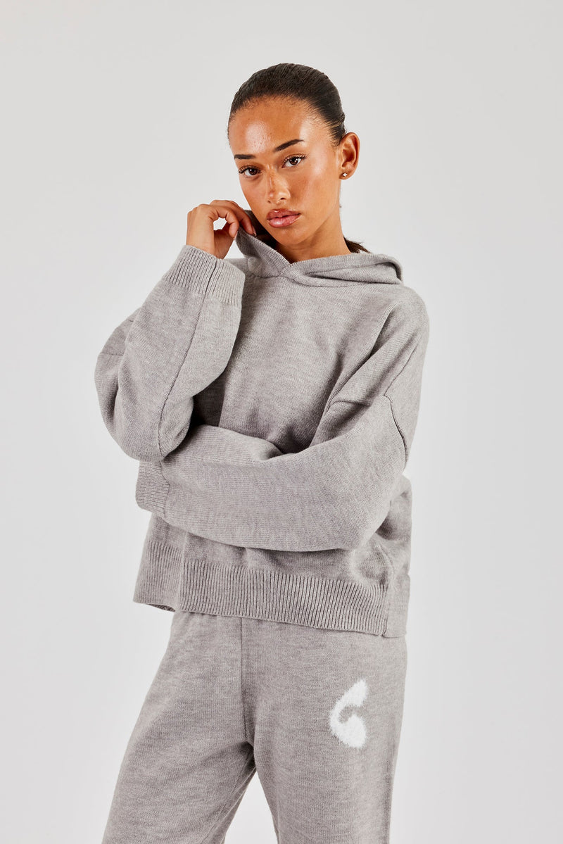 Fluffy Intarsia Boxy Hoodie - Grey