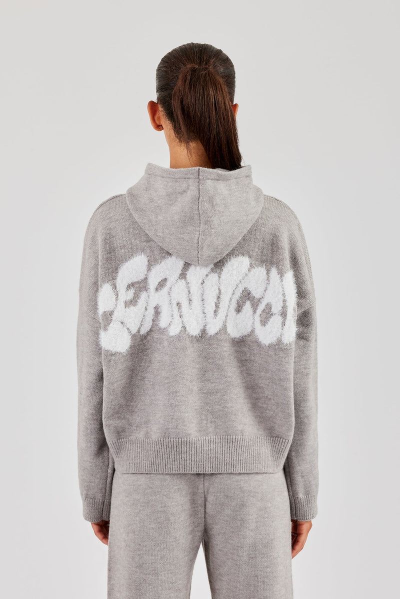 Fluffy Intarsia Boxy Hoodie - Grey