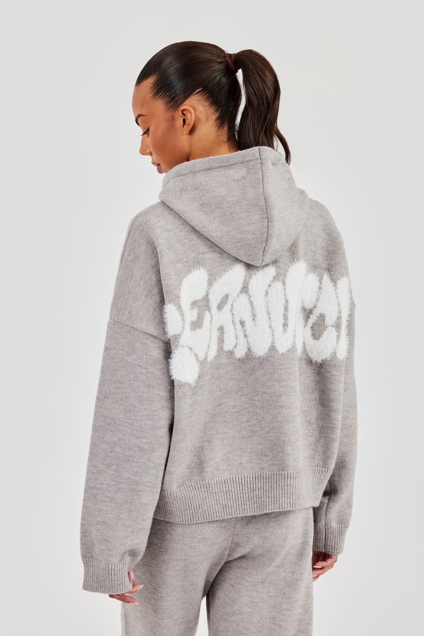 Fluffy Intarsia Boxy Hoodie & Wide Leg Jogger - Grey