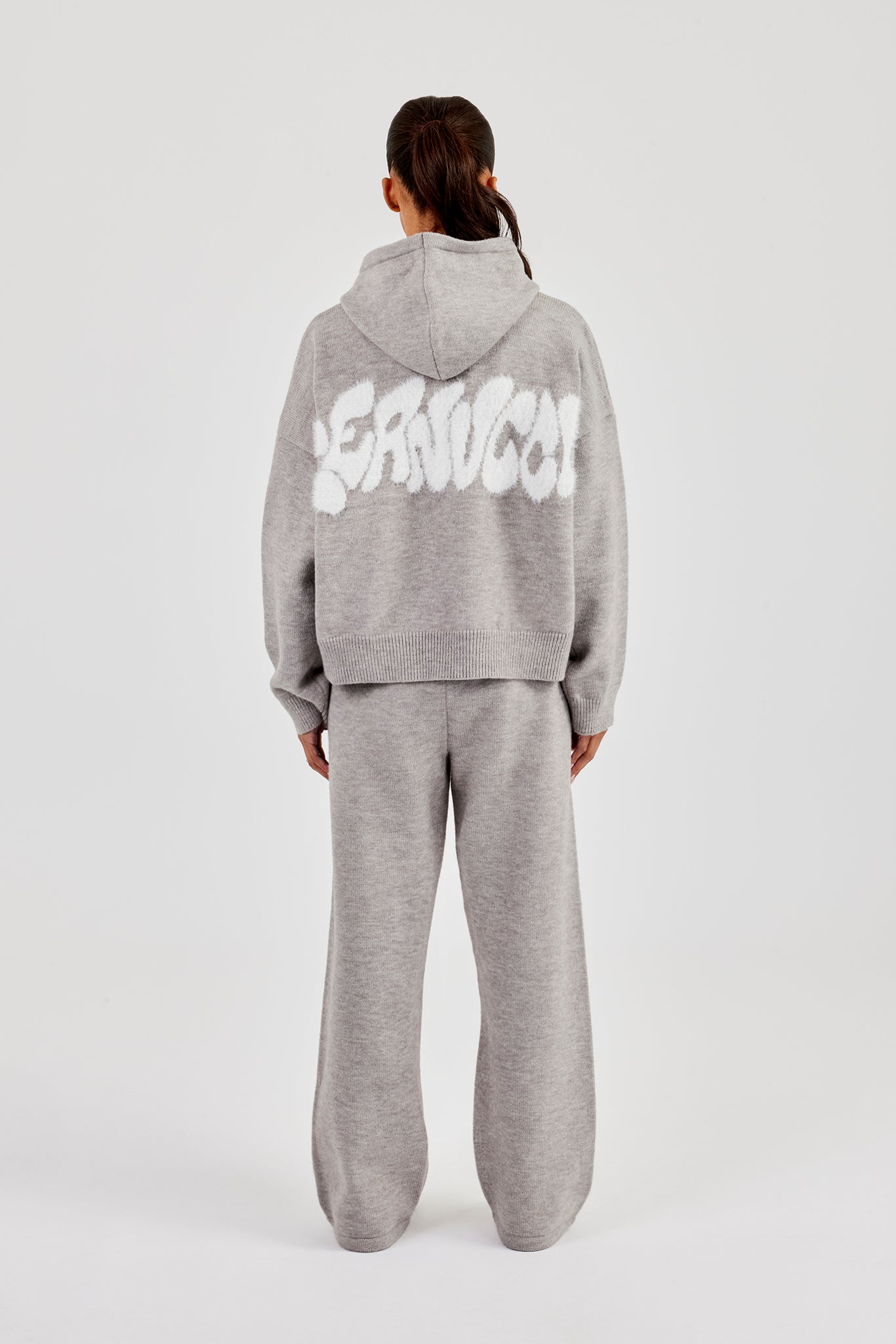 Fluffy Intarsia Boxy Hoodie & Wide Leg Jogger - Grey