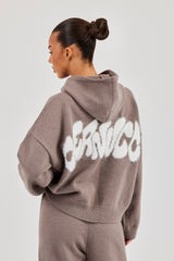 Fluffy Intarsia Boxy Hoodie - Taupe