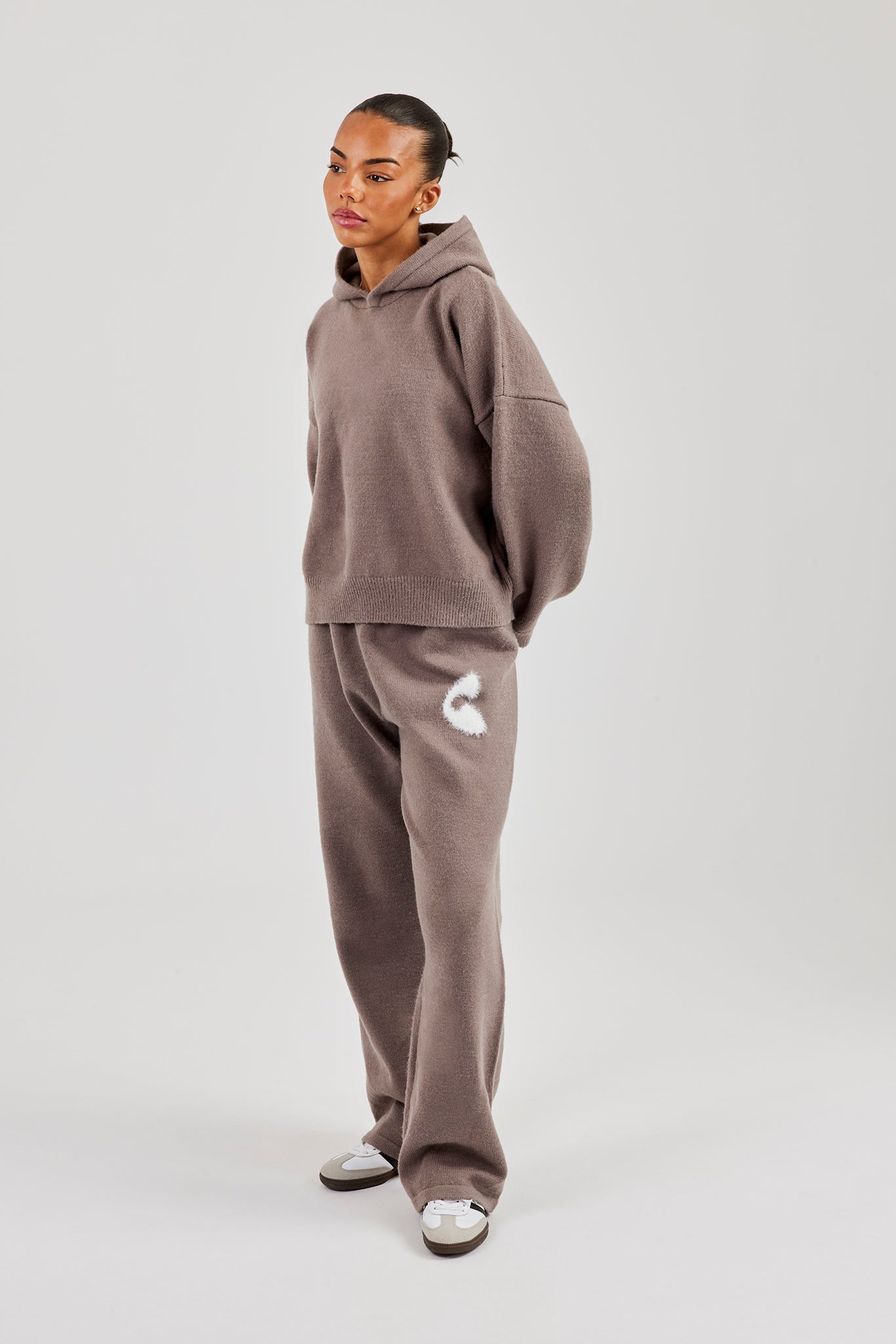 Fluffy Intarsia Boxy Hoodie & Wide Leg Jogger - Taupe