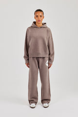 Fluffy Intarsia Boxy Hoodie & Wide Leg Jogger - Taupe
