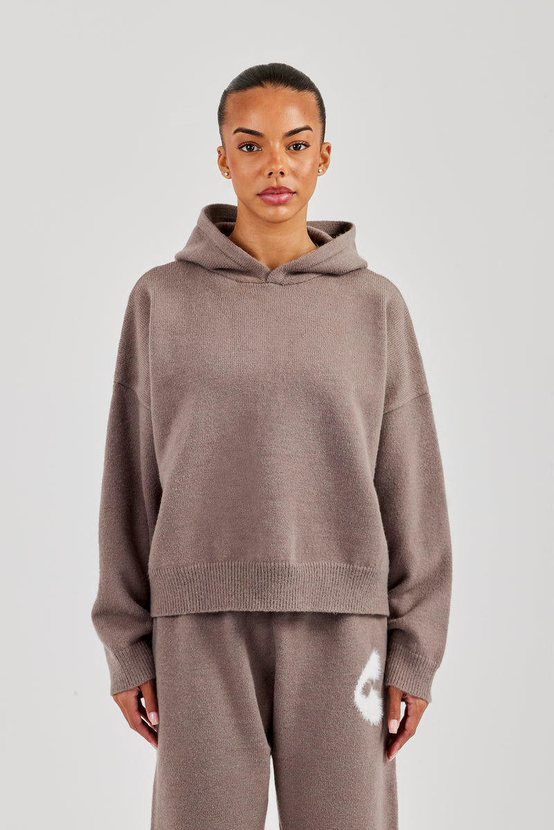 Fluffy Intarsia Boxy Hoodie - Taupe
