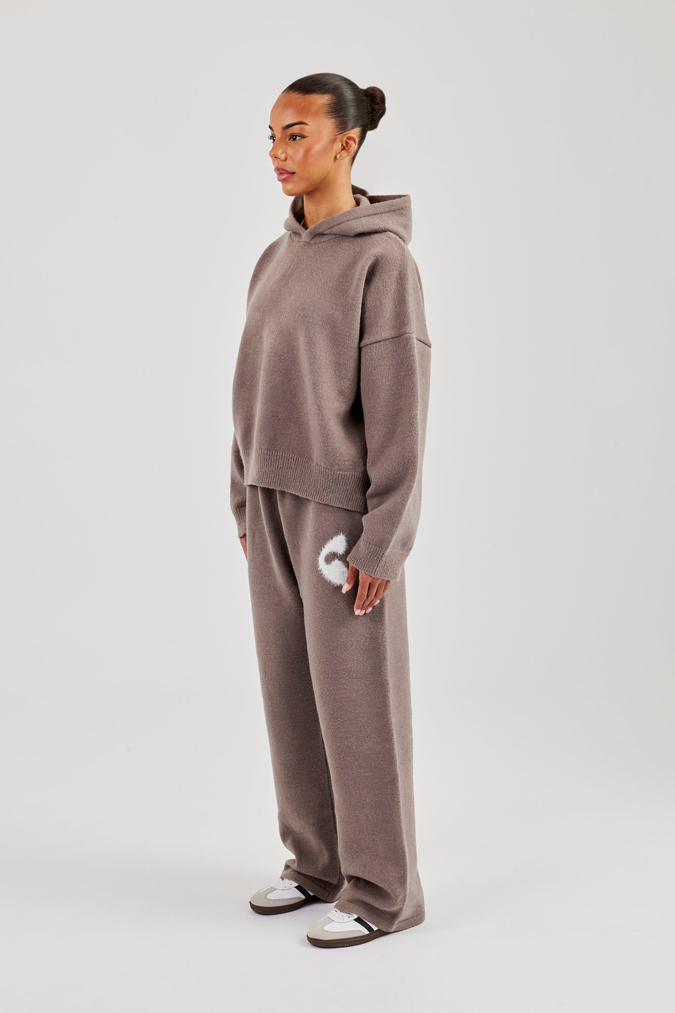 Fluffy Intarsia Boxy Hoodie & Wide Leg Jogger - Taupe