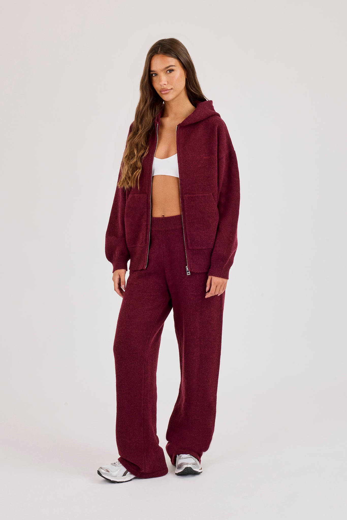 Knitted Stitch Back Detail Zip Through Hoodie - Burgundy