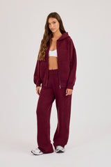 Knitted Stitch Back Detail Zip Through Hoodie - Burgundy