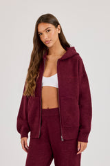 Knitted Stitch Back Detail Zip Through Hoodie - Burgundy