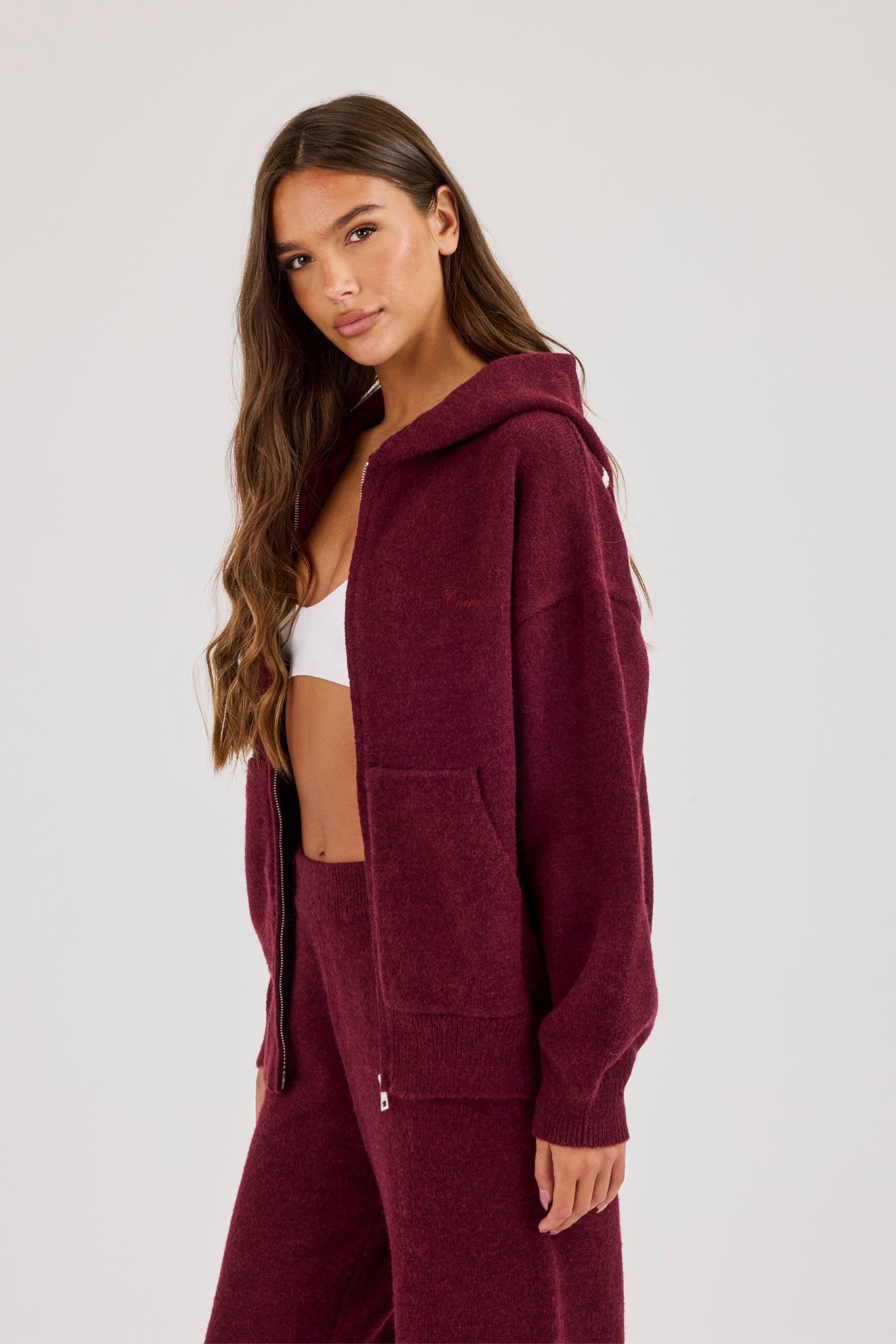Knitted Stitch Back Detail Zip Through Hoodie - Burgundy