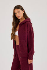 Knitted Stitch Back Detail Zip Through Hoodie - Burgundy