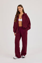 Knitted Stitch Back Detail Zip Through Hoodie & Wide Leg Jogger  - Burgundy