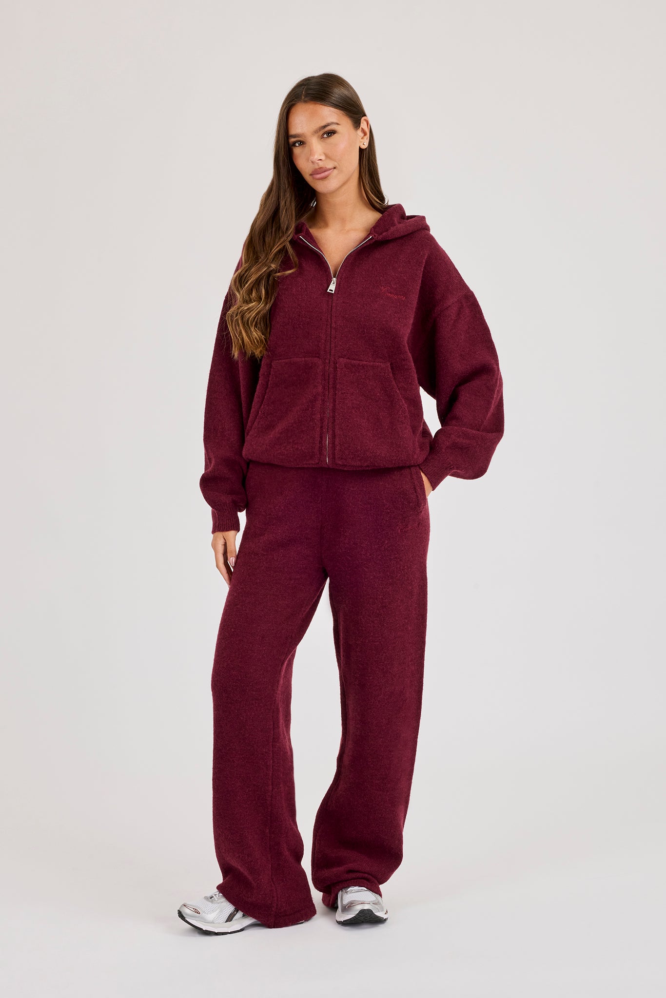 Knitted Stitch Back Detail Zip Through Hoodie & Wide Leg Jogger  - Burgundy