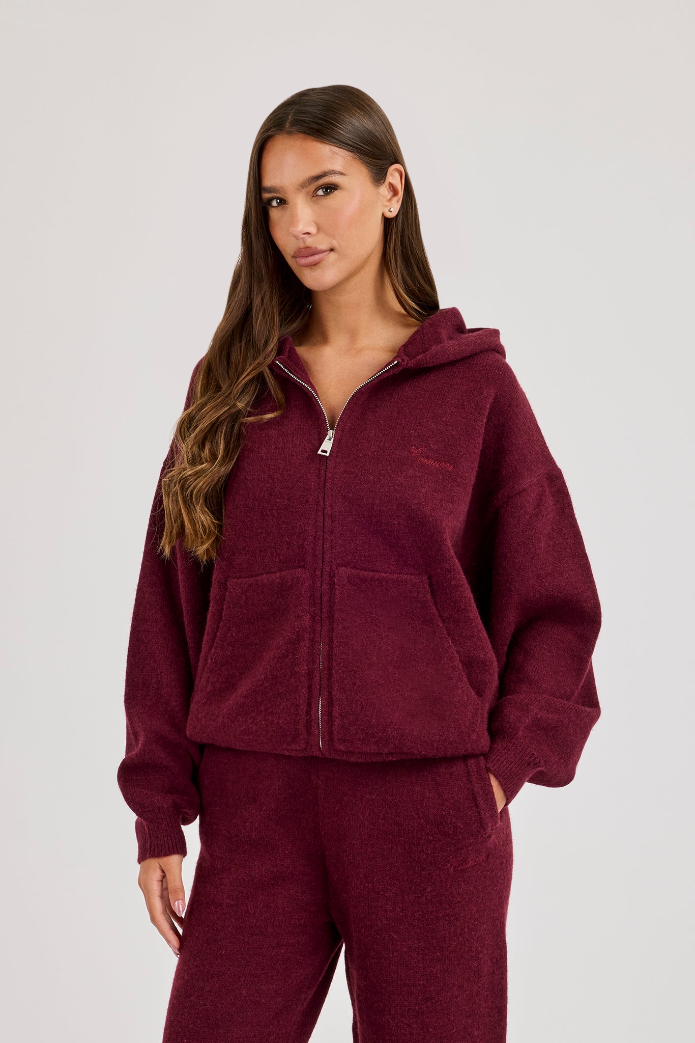 Knitted Stitch Back Detail Zip Through Hoodie - Burgundy