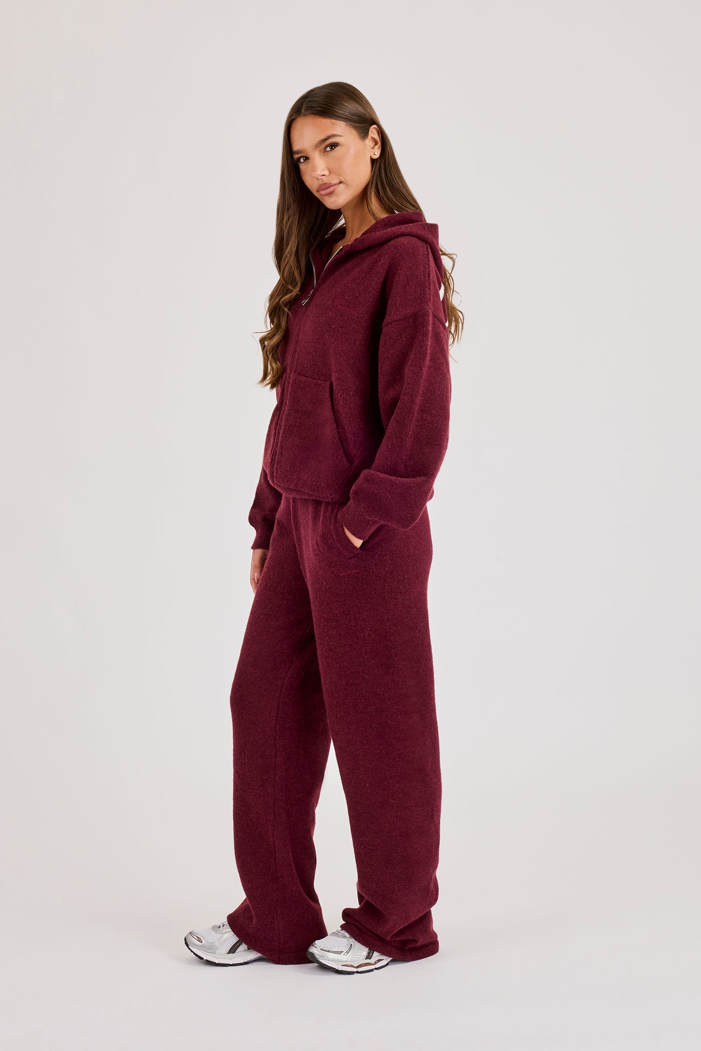 Knitted Stitch Back Detail Zip Through Hoodie & Wide Leg Jogger  - Burgundy