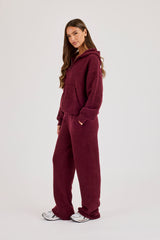 Knitted Stitch Back Detail Zip Through Hoodie & Wide Leg Jogger  - Burgundy